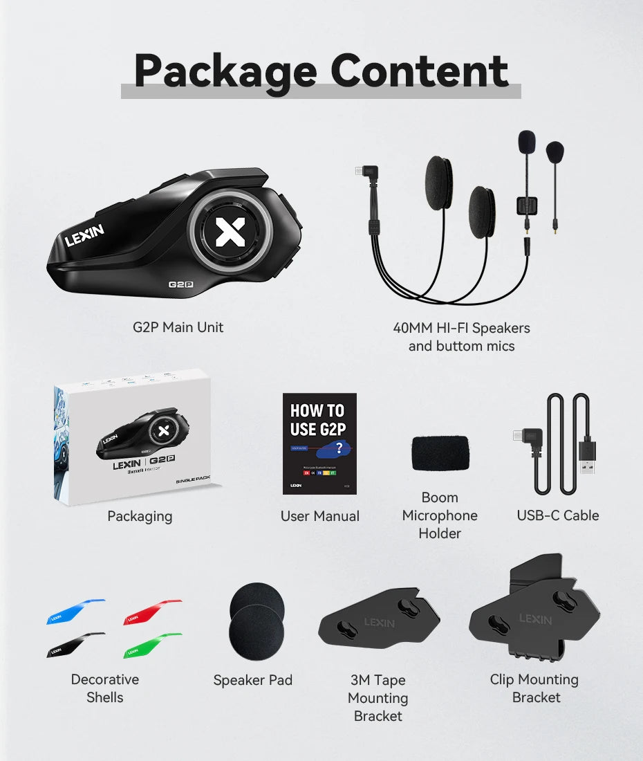 Lexin G2P Motorcycle Bluetooth Headset Intercom For Up To 6 Riders