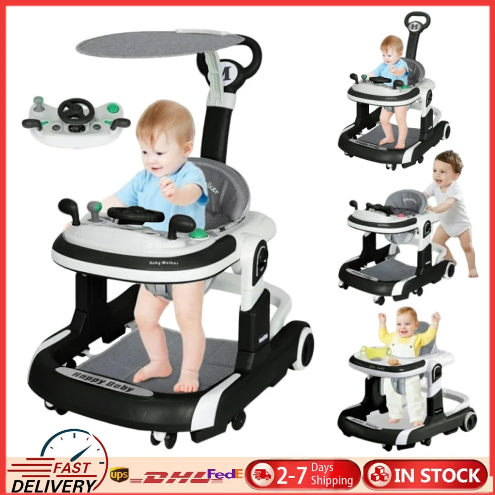 4 In 1 Baby Walker With Sunshade Removable Tray Foldable
