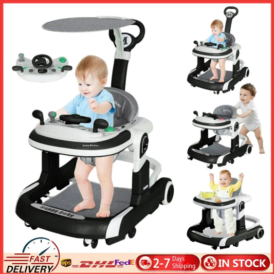 4 In 1 Baby Walker With Sunshade Removable Tray Foldable