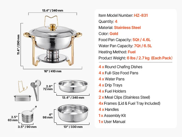 SucceBuy 4 Pack Stainless Steel Chafing Dish Buffet Set Warmer