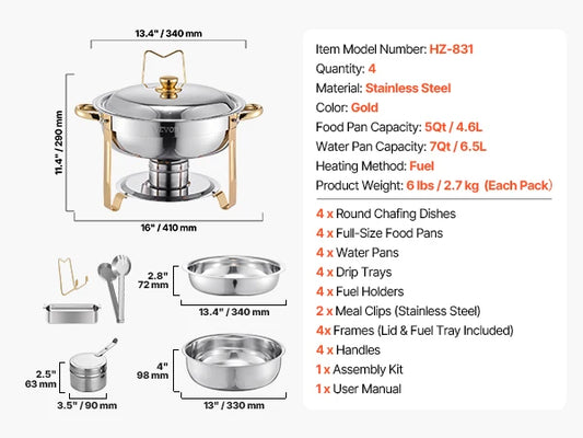 SucceBuy 4 Pack Stainless Steel Chafing Dish Buffet Set Warmer