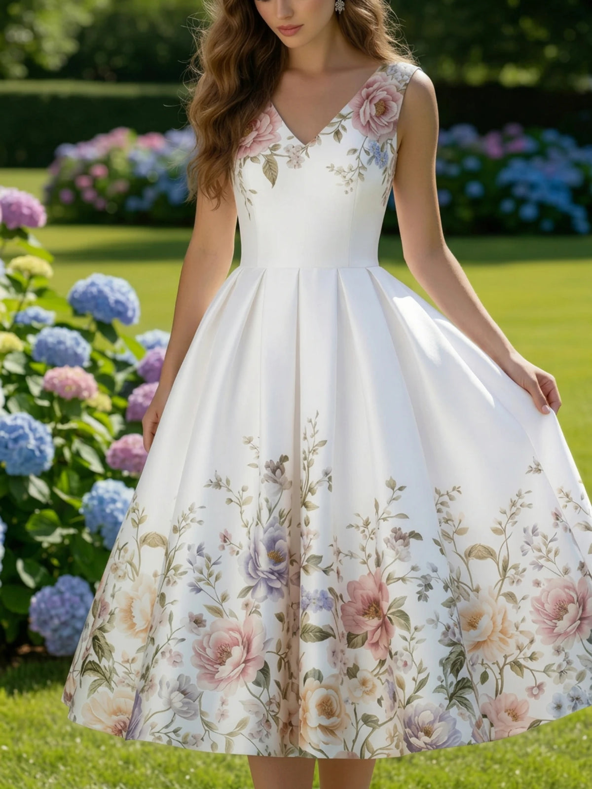 Women V Neck Sleeveless Pleated Floral Swing Midi Dress