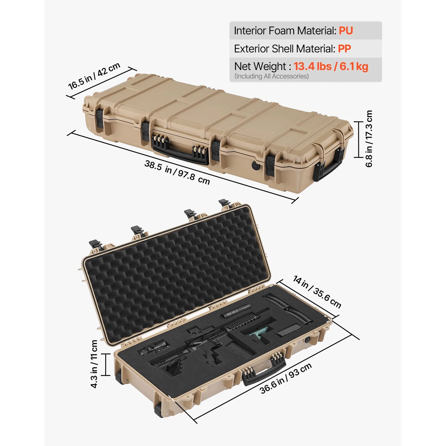 SucceBuy Lockable Hard Rifle Case With Pre-Cut Foams And Wheels IP67 Waterproof