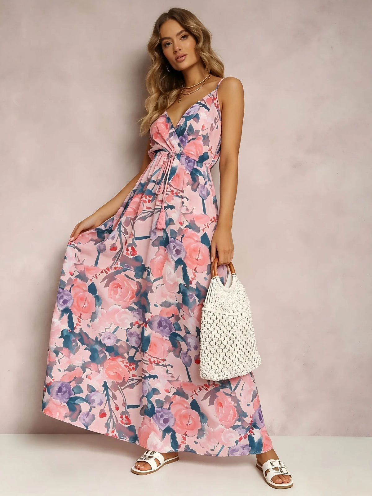 Women Floral Print V Neck Spaghetti Strap Maxi Dress