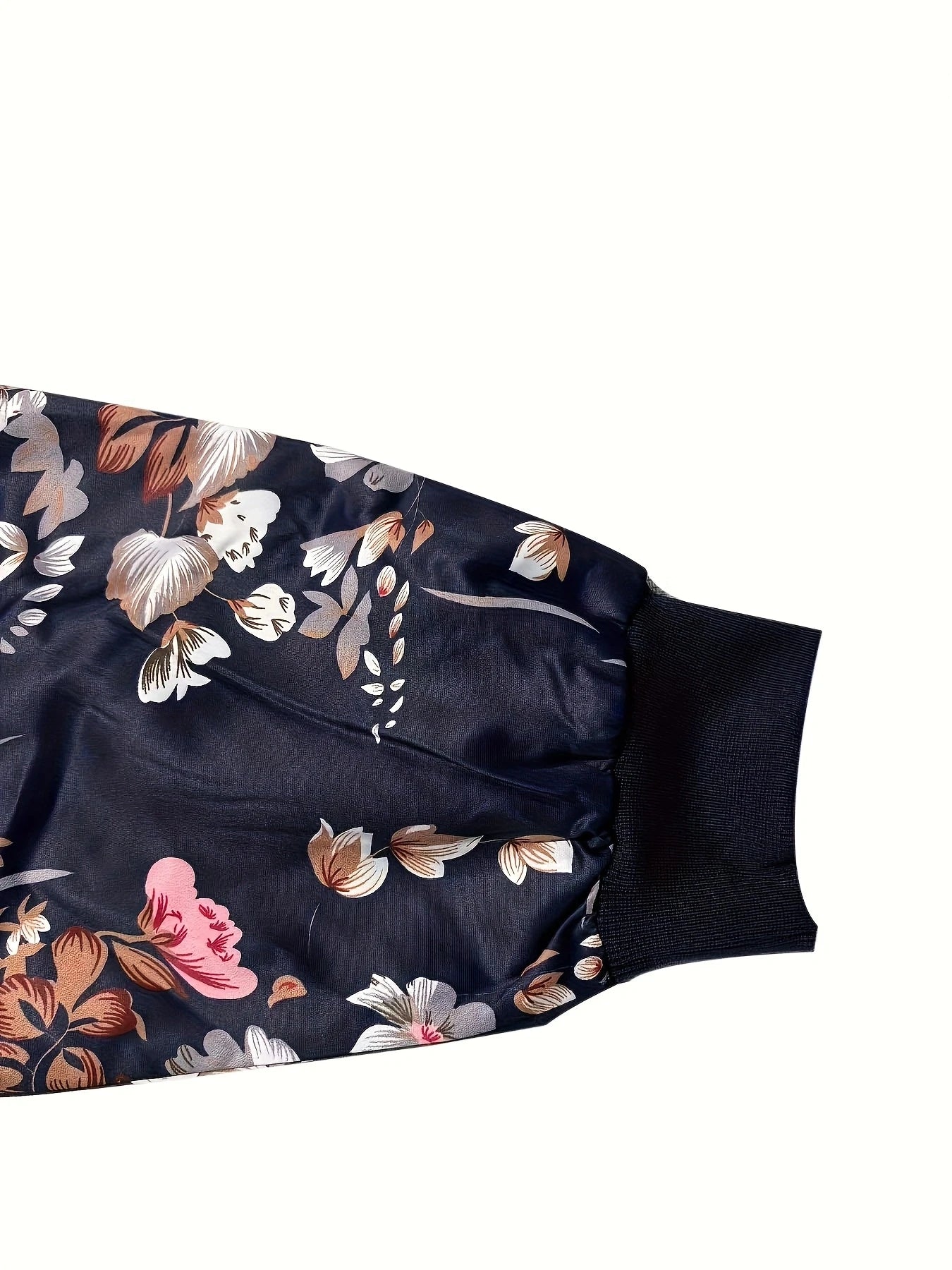 Plus Size Navy Blue Floral Print Baseball Jacket