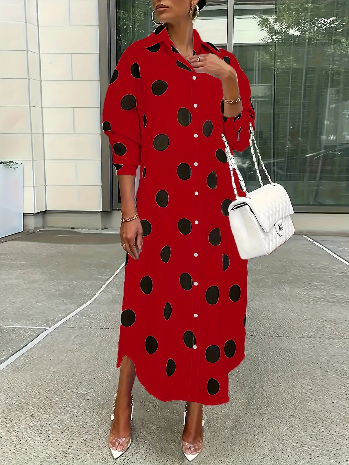 Women's Polka Dot Lapel Long Sleeve Midi Shirt Dress