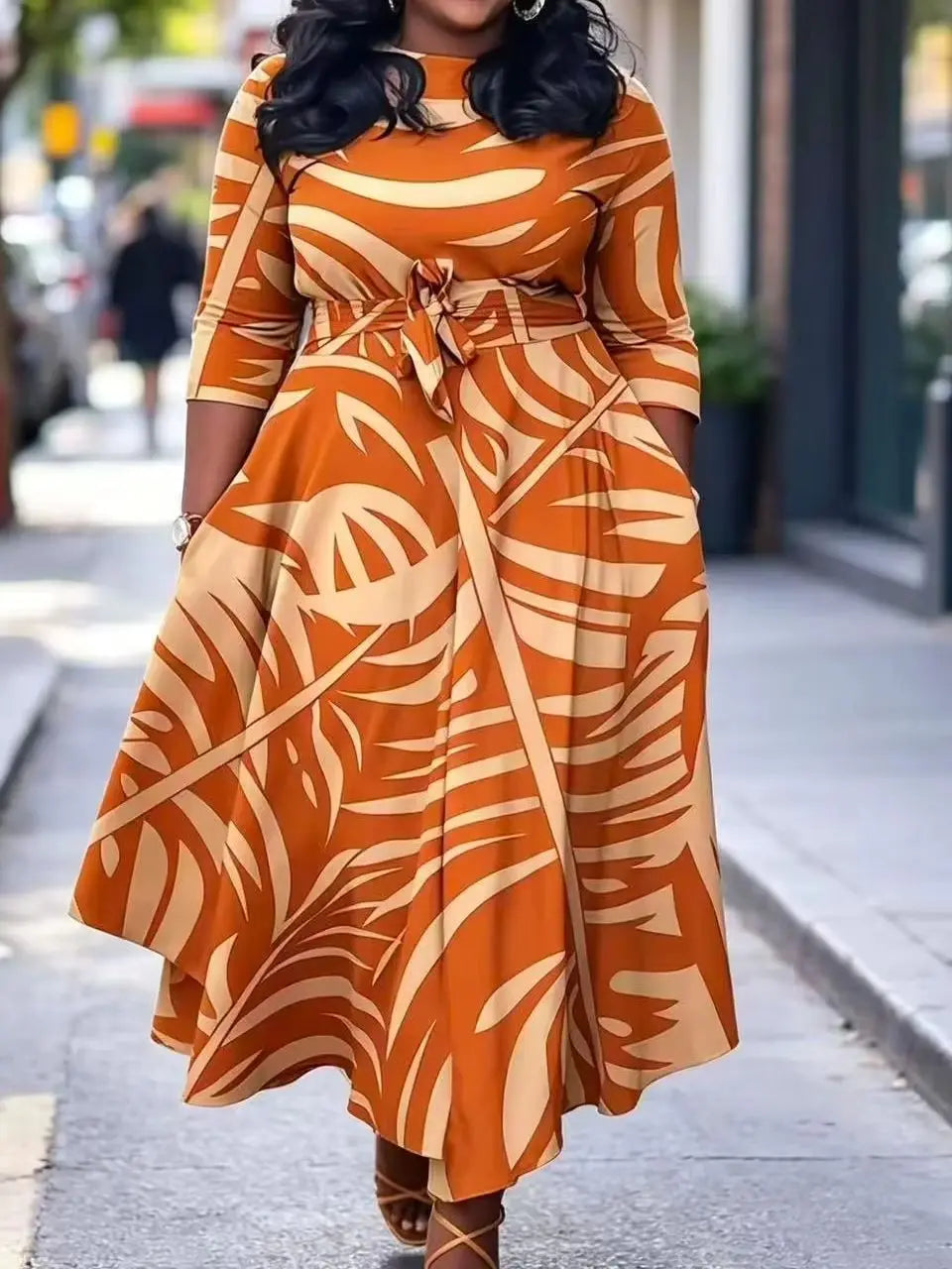 Palm Leaf Print Midi Dress With Cinched Waist And Pockets