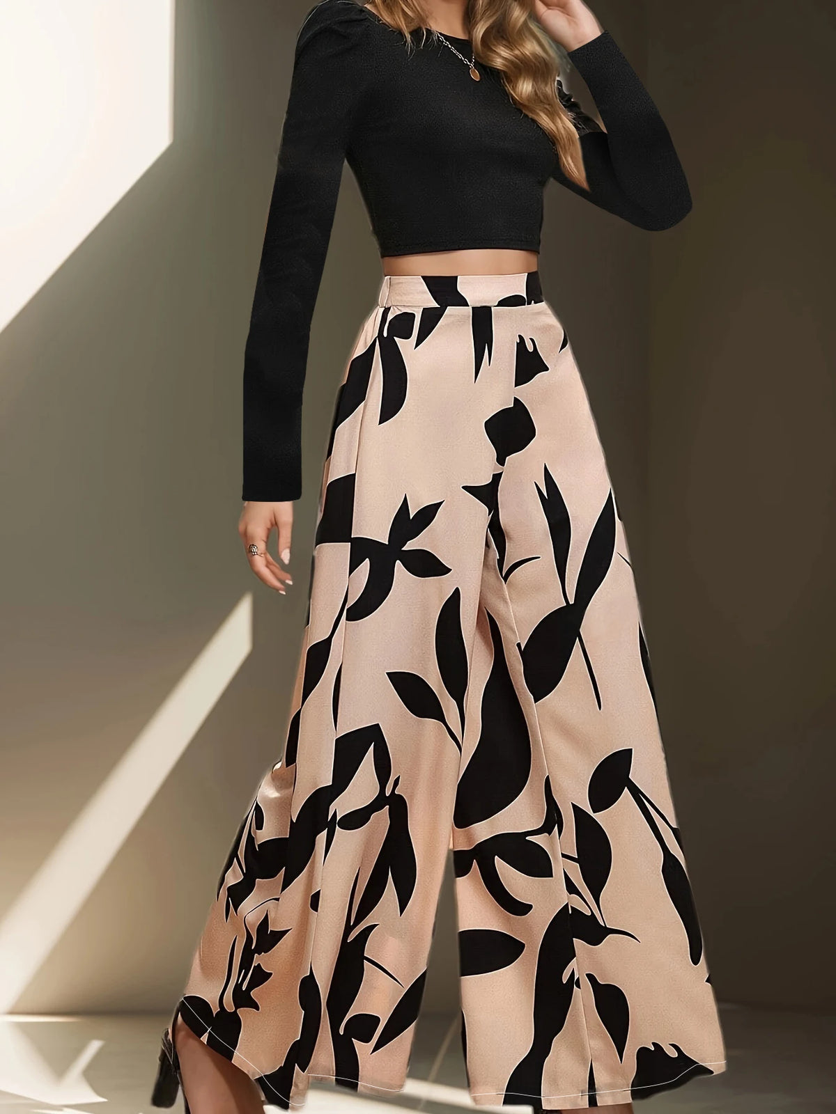Women's High Waist Floral Print Wide Leg Polyester Pants