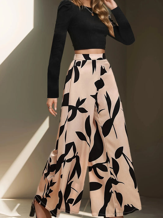 Women's High Waist Floral Print Wide Leg Polyester Pants