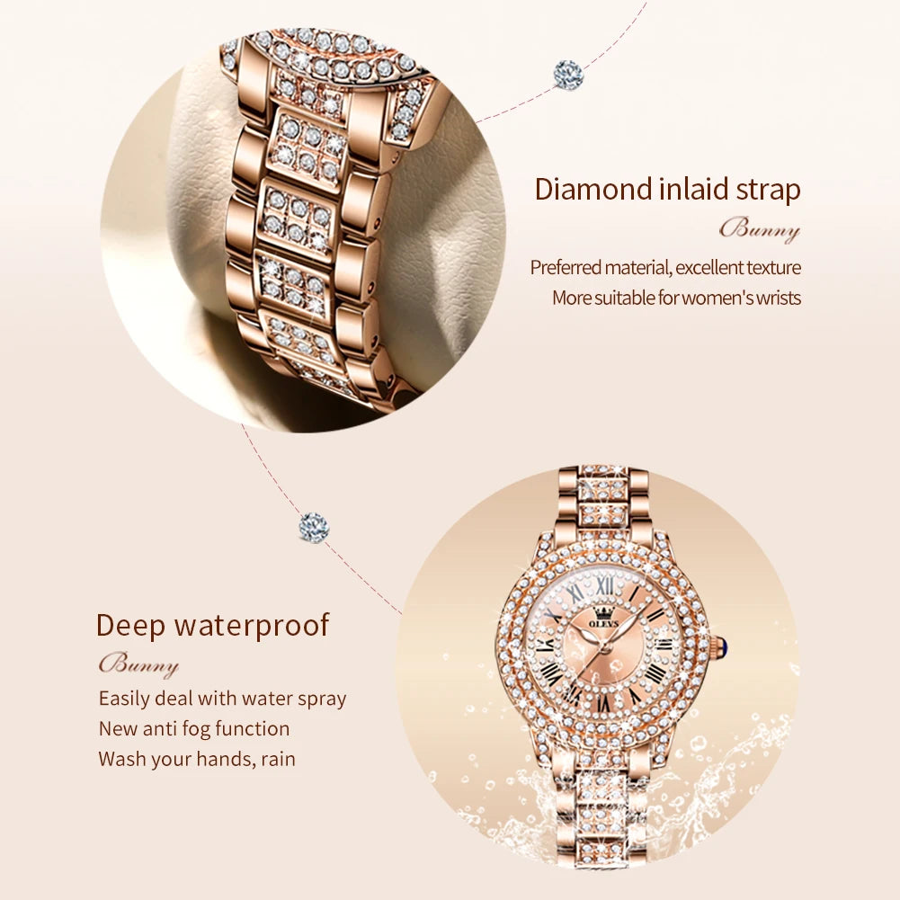 OLEVS Ladies Diamond Waterproof Quartz Dress Watch Stainless Steel