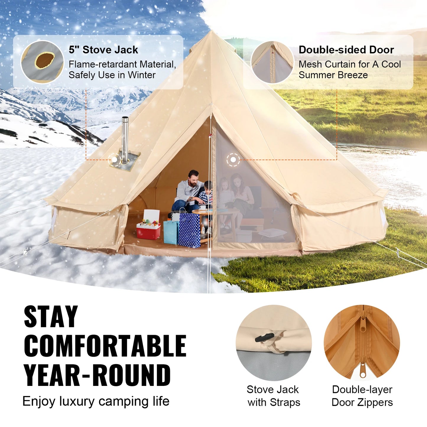 SucceBuy Canvas Bell Tent 4 Seasons Outdoor Camping Stove Breathable