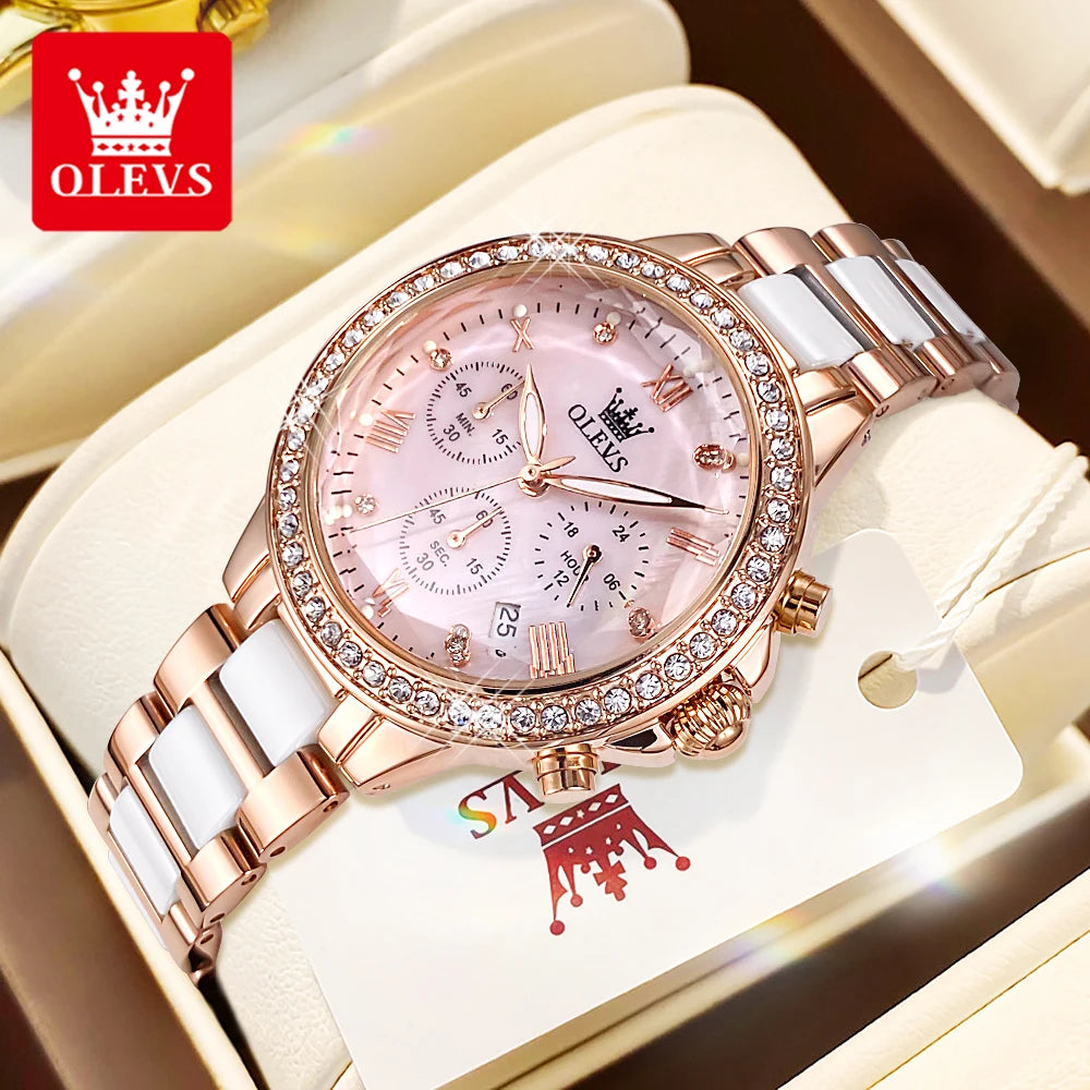 OLEVS 9999 Women's Quartz Ceramic Chronograph Luxury Waterproof Dress Watch