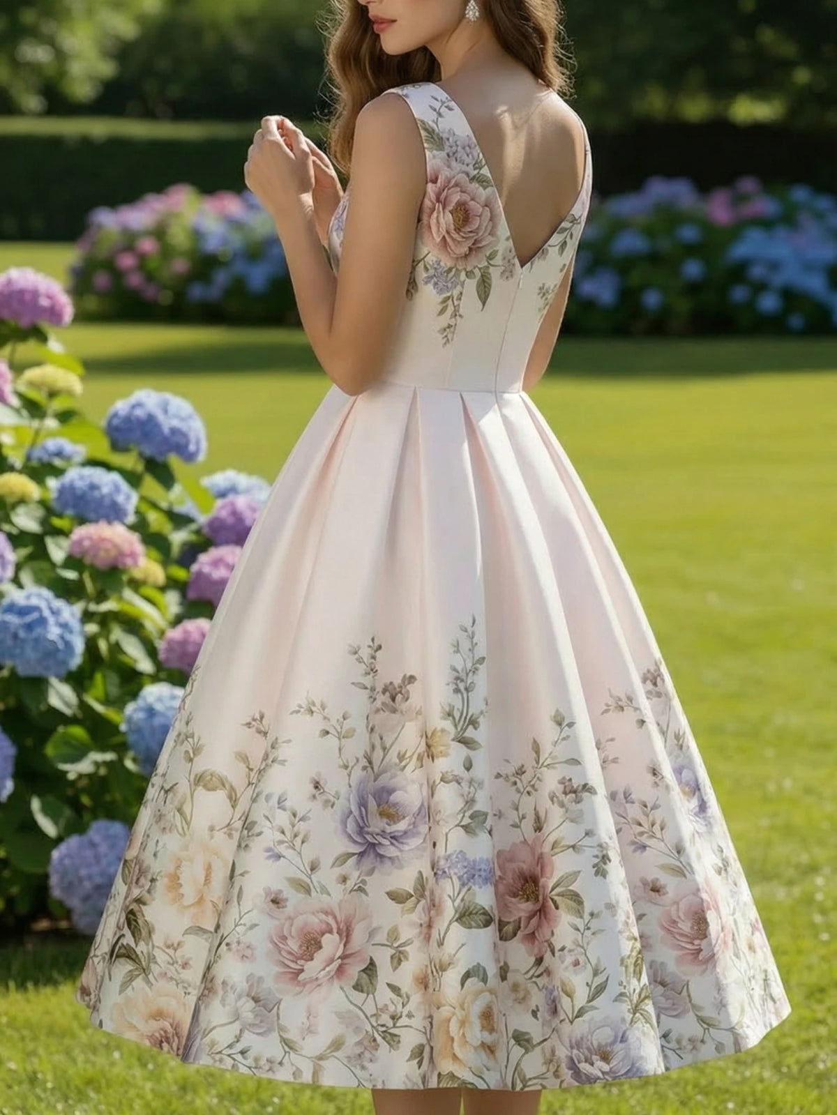 Women V Neck Sleeveless Pleated Floral Swing Midi Dress