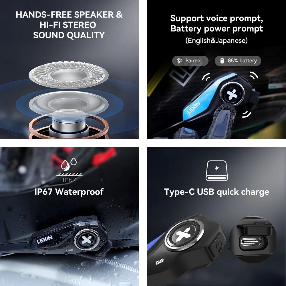 Lexin G2P Motorcycle Bluetooth Headset Intercom For Up To 6 Riders