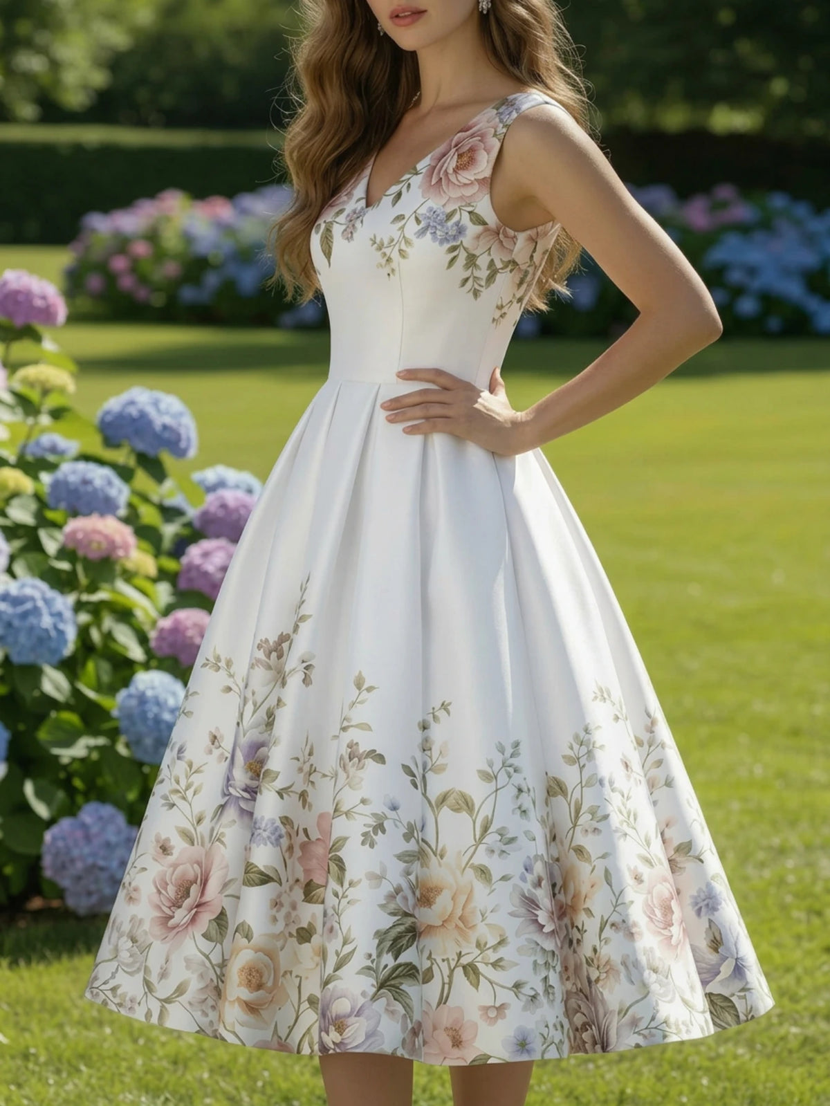 Women V Neck Sleeveless Pleated Floral Swing Midi Dress