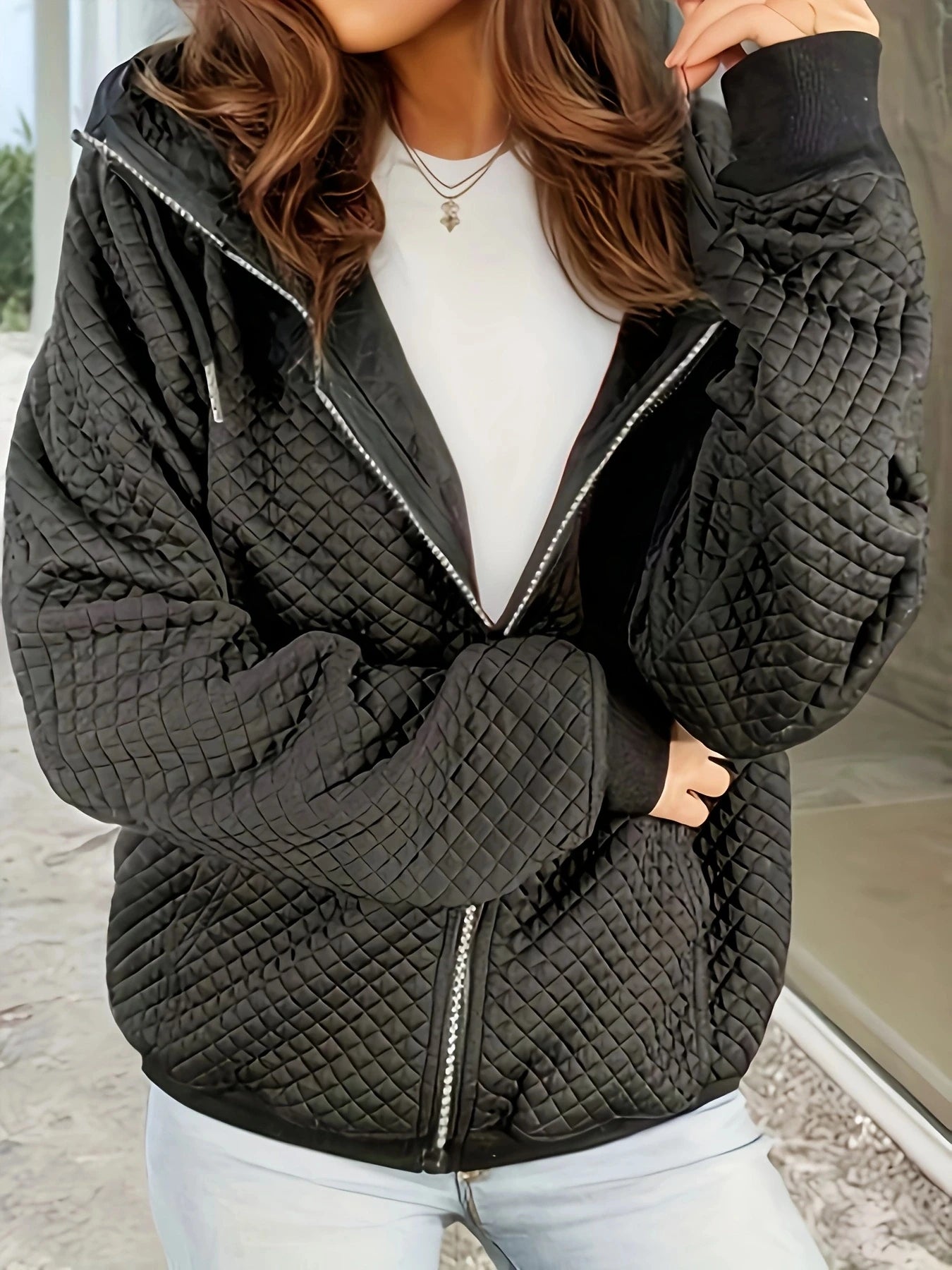 Plus Size Quilted Zip Up Jacket With Stand Collar