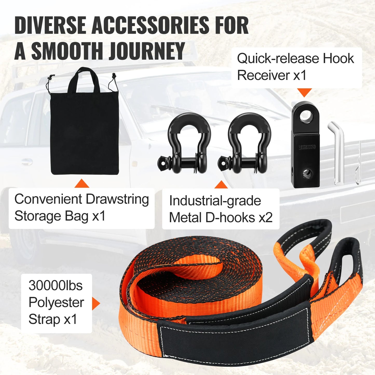 Off Road Winch Recovery Kit With 30000 Lbs Tow Strap For ATVs And Jeeps