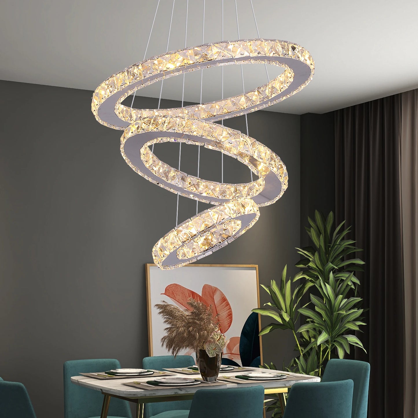 GreeLustr Modern LED Pendant Light Crystal Rings Dimmable Chandelier