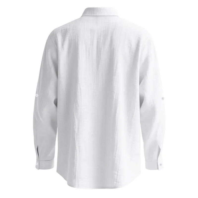 Men Linen Button Down Shirt With Mandarin Collar Chest Pocket Breathable