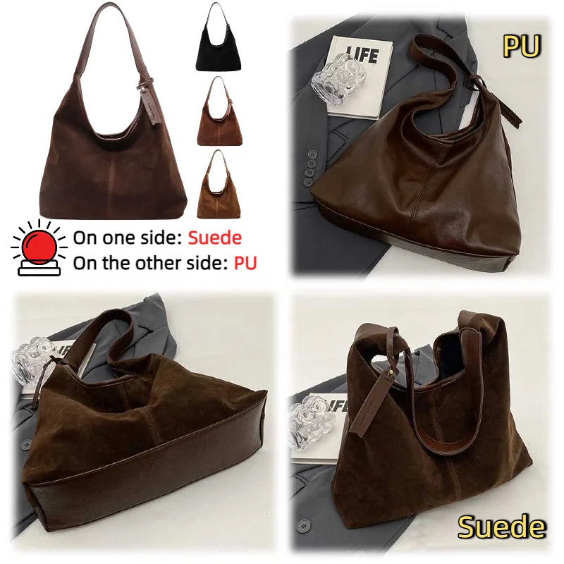 Women Suede Tote Magnetic Closure Shoulder Bag Large Capacity