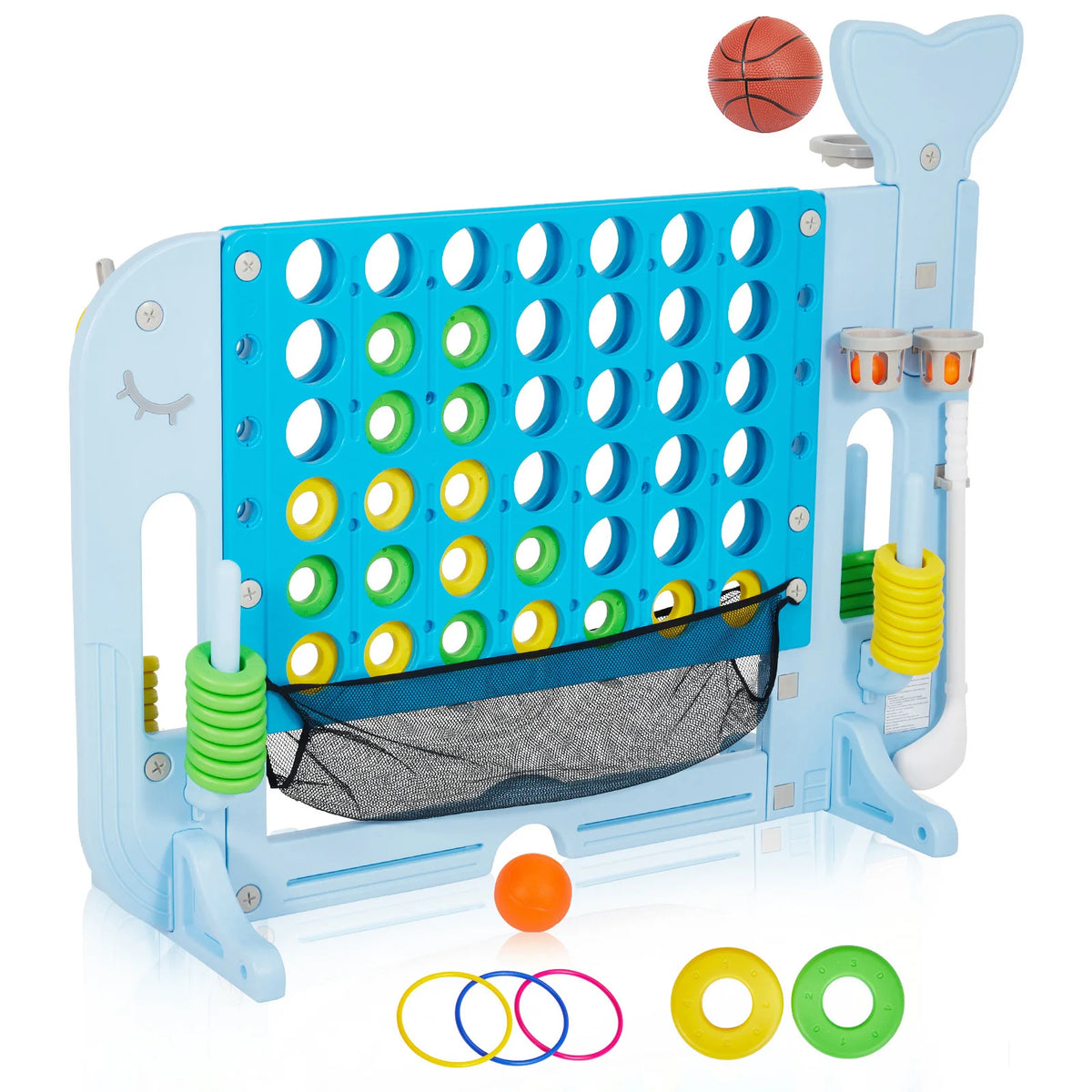 4-In-1 Giant Connect Adjustable Height Outdoor Basketball Hoop Ring Toss Family Game Set