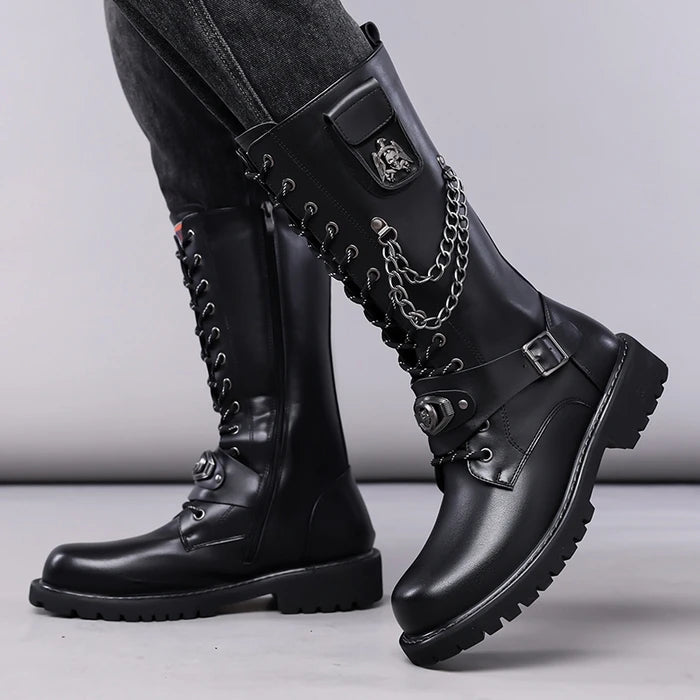 Yuyin Men's Mid Calf Motorcycle Boots Gothic Punk Design