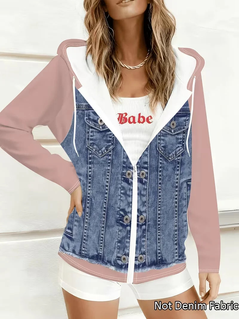 Faux Denim Hooded Jacket For Women Casual Color Block