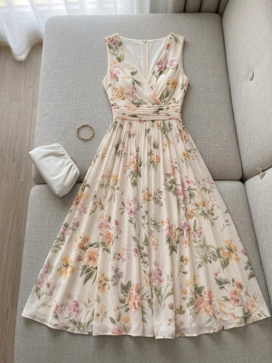 Women Floral Print Wrap Midi Dress V Neck Polyester Swing