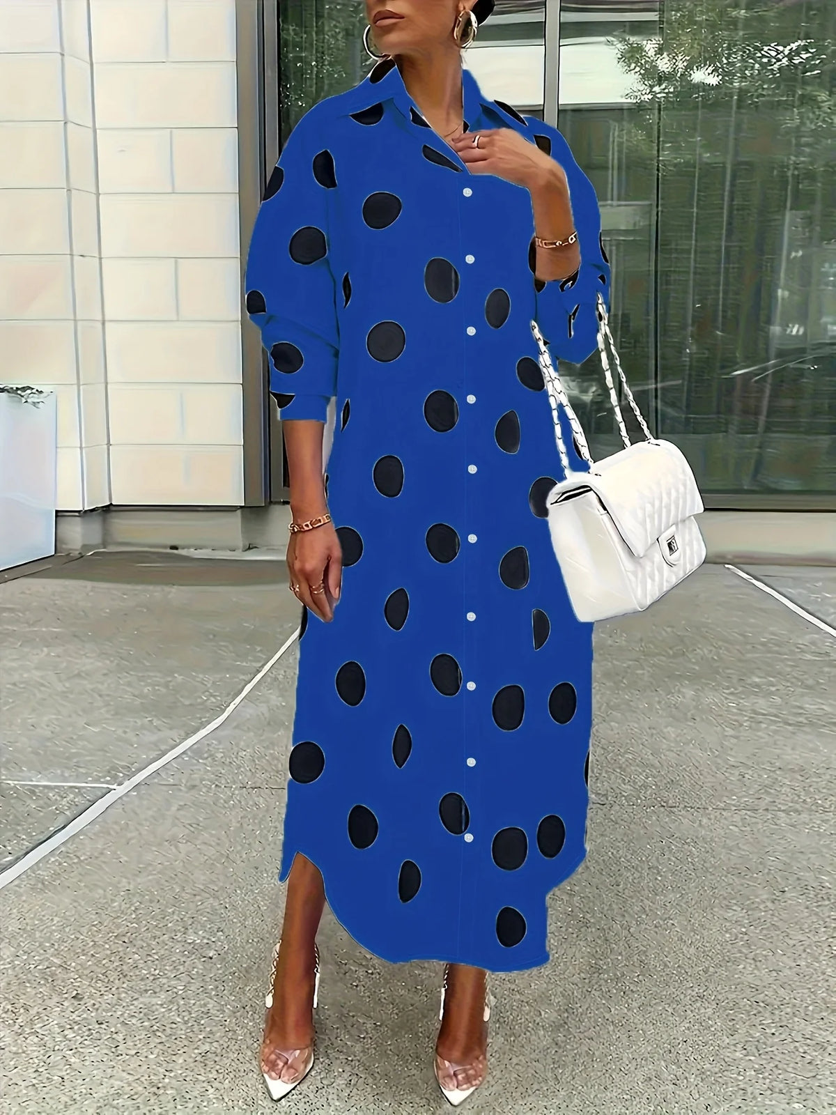 Women's Polka Dot Lapel Long Sleeve Midi Shirt Dress