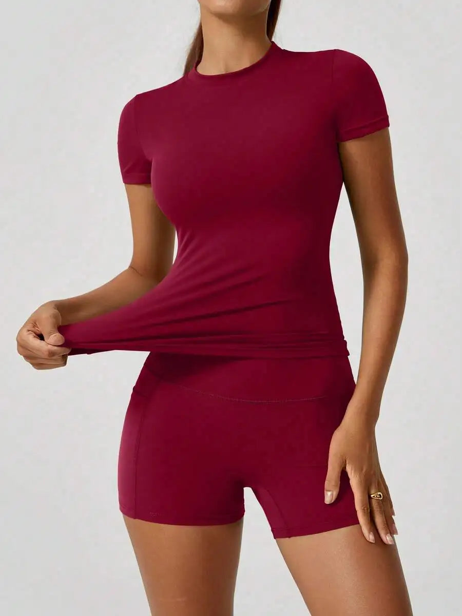 Womens Sports Short Sleeve High Waist Tummy Control Butt Lifting Shorts Set