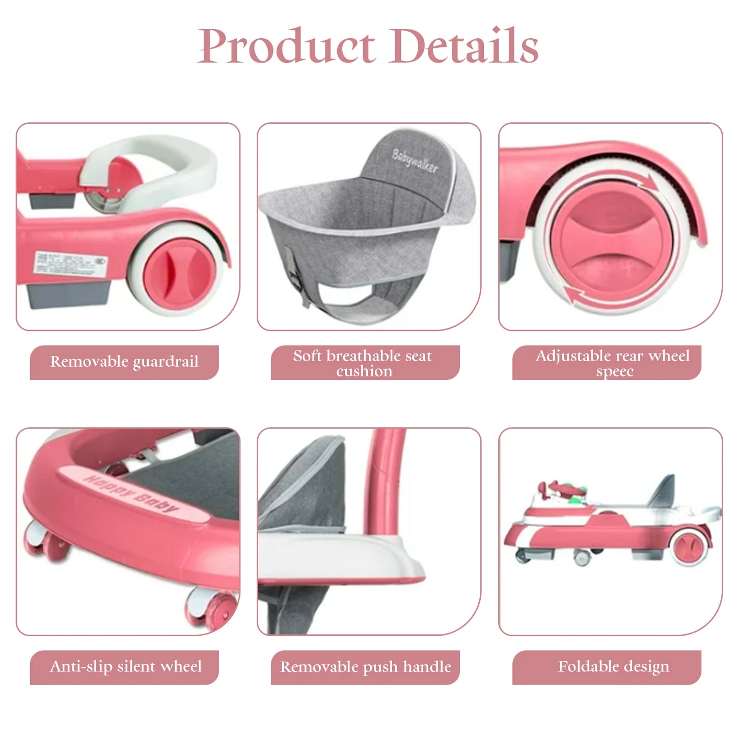4 In 1 Baby Walker With Sunshade Removable Tray Foldable