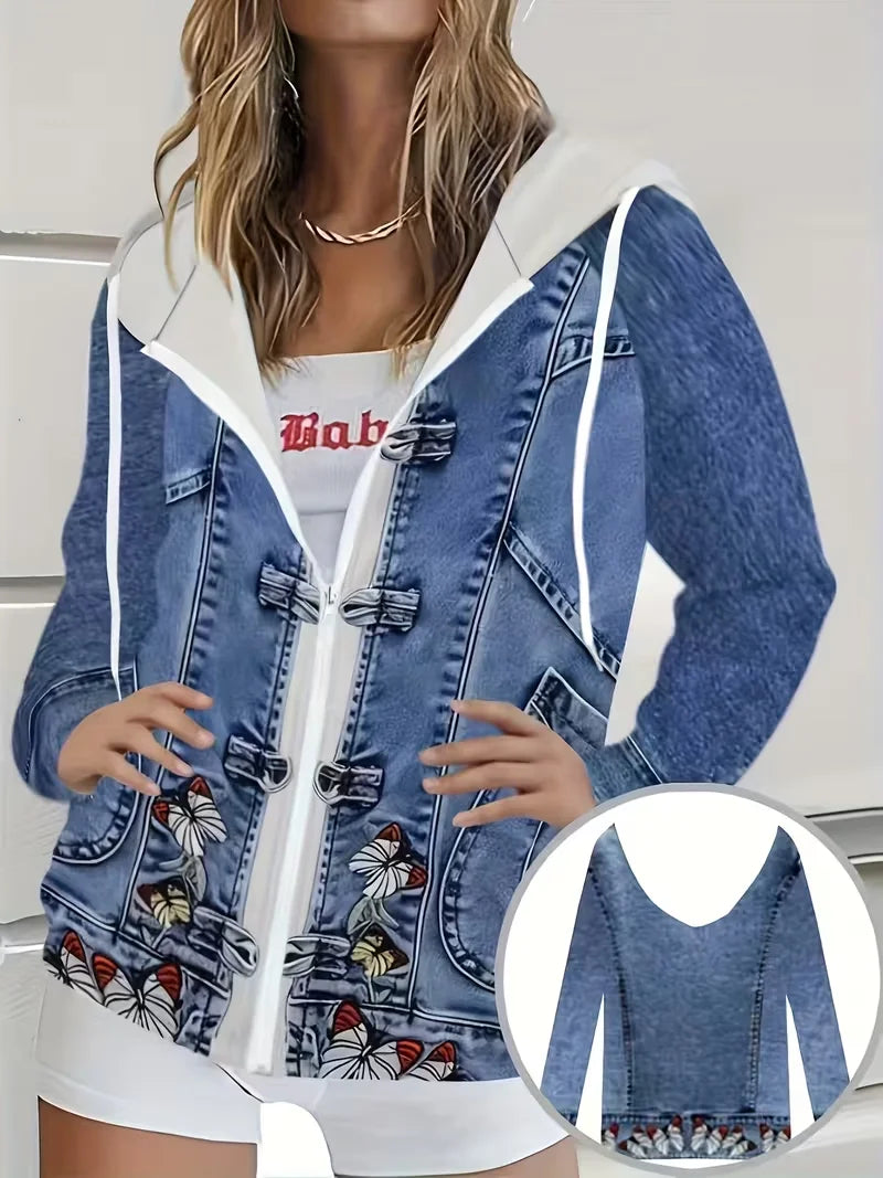 Plus Size Faux Denim Hooded Jacket With Butterfly Embroidery
