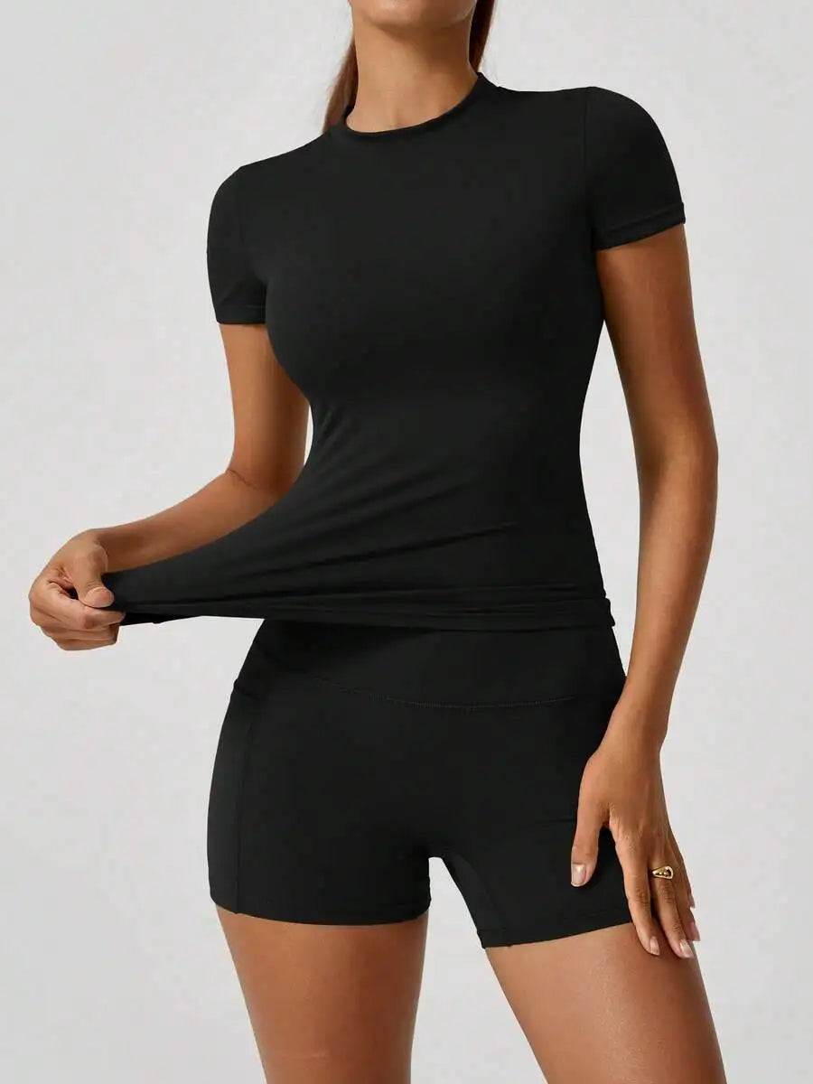 Womens Sports Short Sleeve High Waist Tummy Control Butt Lifting Shorts Set