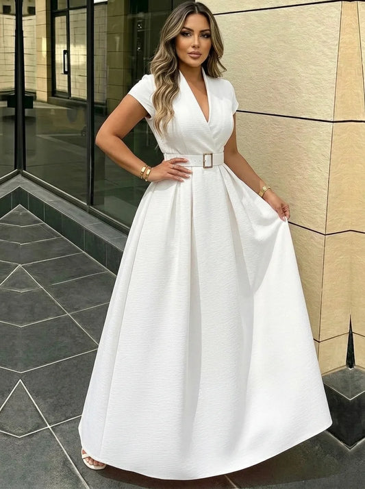 Women Elegant Lapel Wrap Belted Pleated Swing Maxi Dress