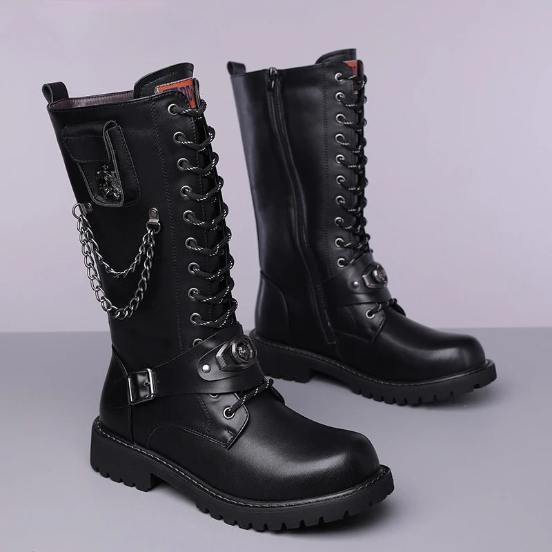 Yuyin Men's Mid Calf Motorcycle Boots Gothic Punk Design