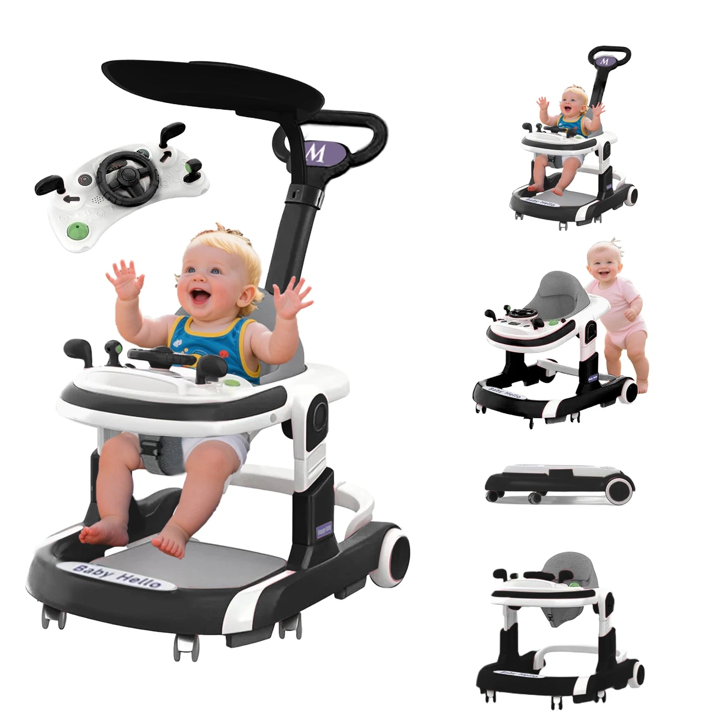 4 In 1 Baby Walker With Sunshade Removable Tray Foldable