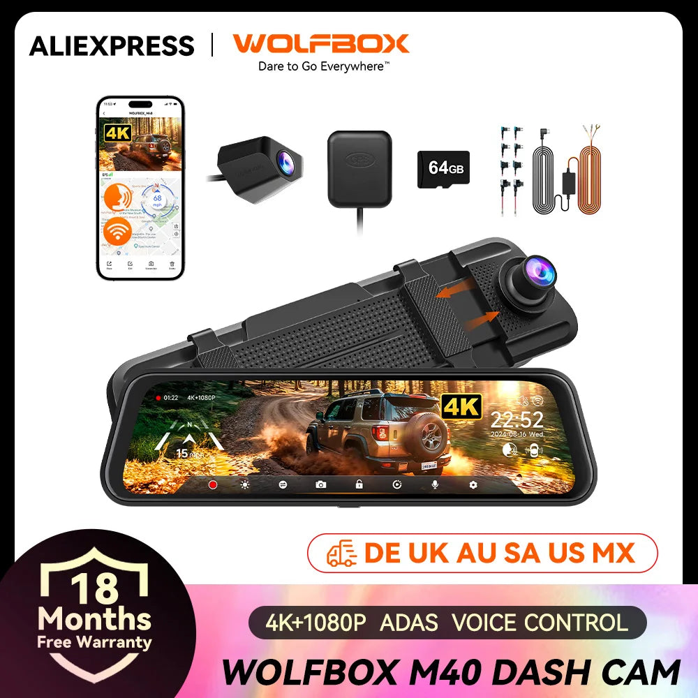 WOLFBOX M40 Dash Cam 4K And 1080P With Voice Control ADAS GPS