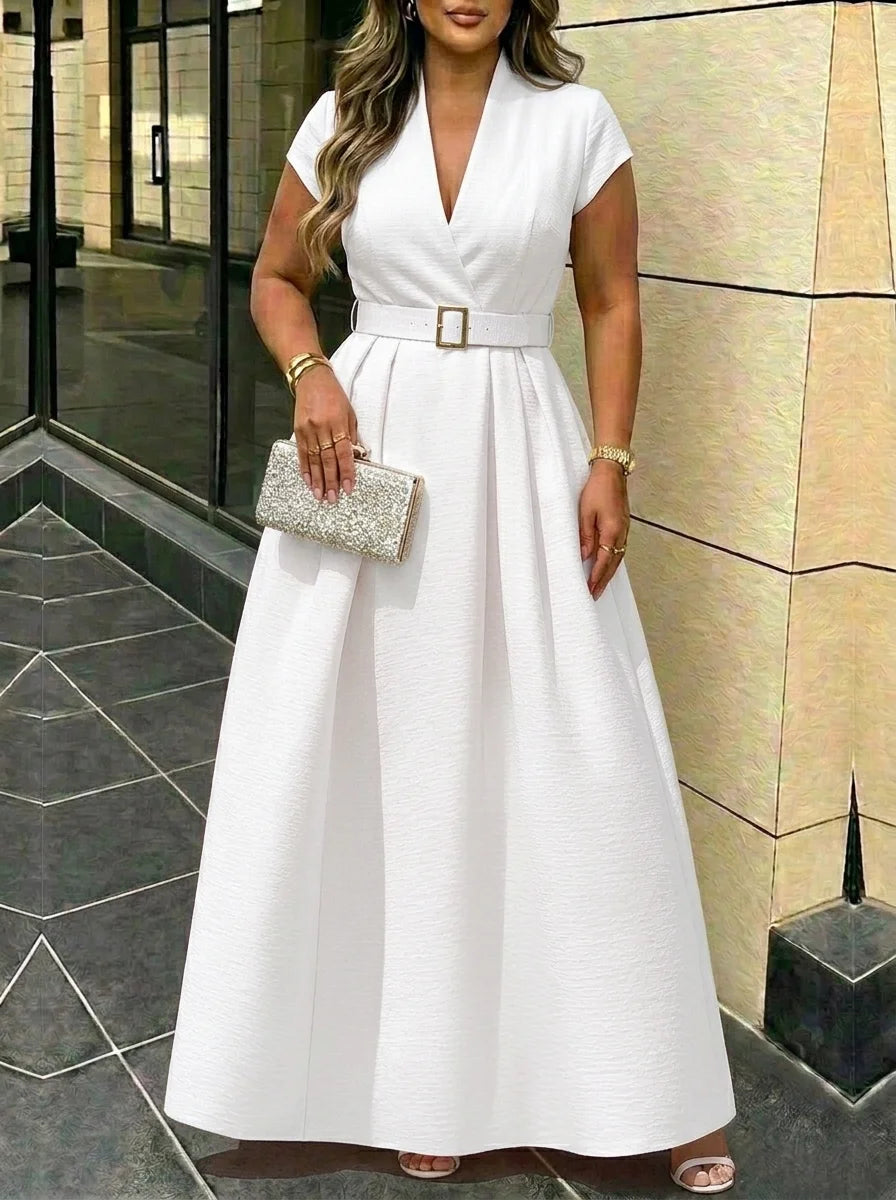 Women Elegant Lapel Wrap Belted Pleated Swing Maxi Dress