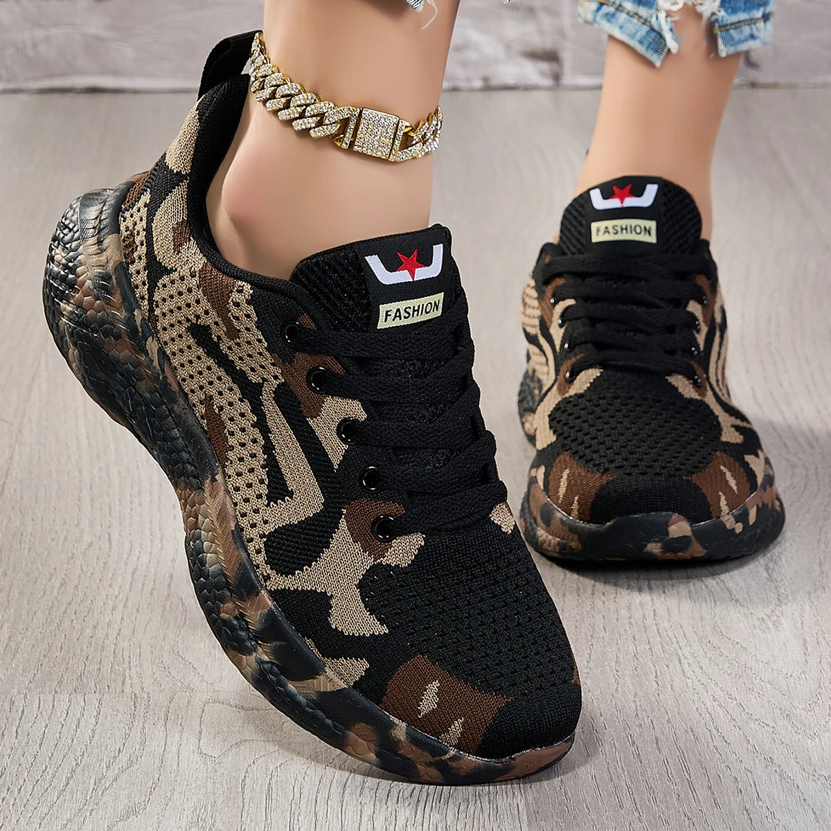 Women Camo Print Flying Knit Sneakers Breathable Mesh Lightweight Lace Up Shoes
