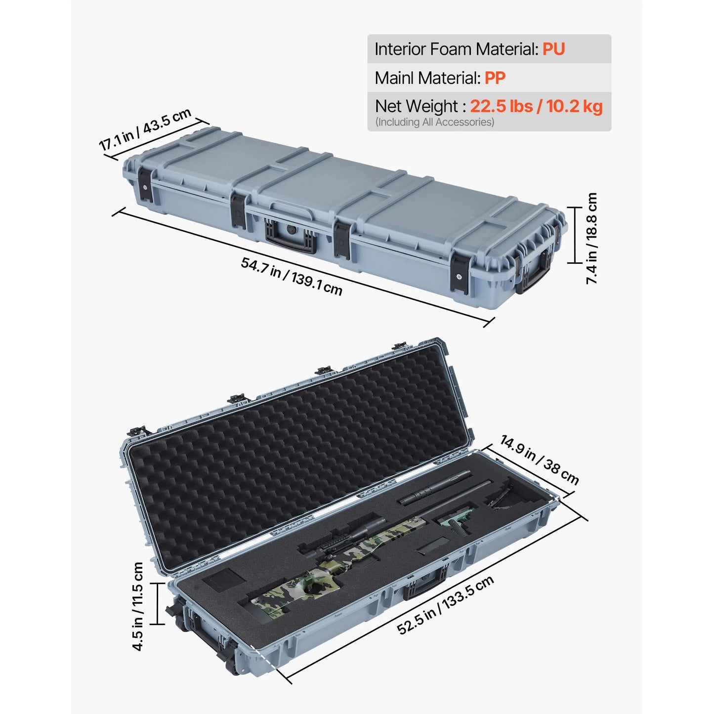 SucceBuy Lockable Hard Rifle Case With Pre-Cut Foams And Wheels IP67 Waterproof