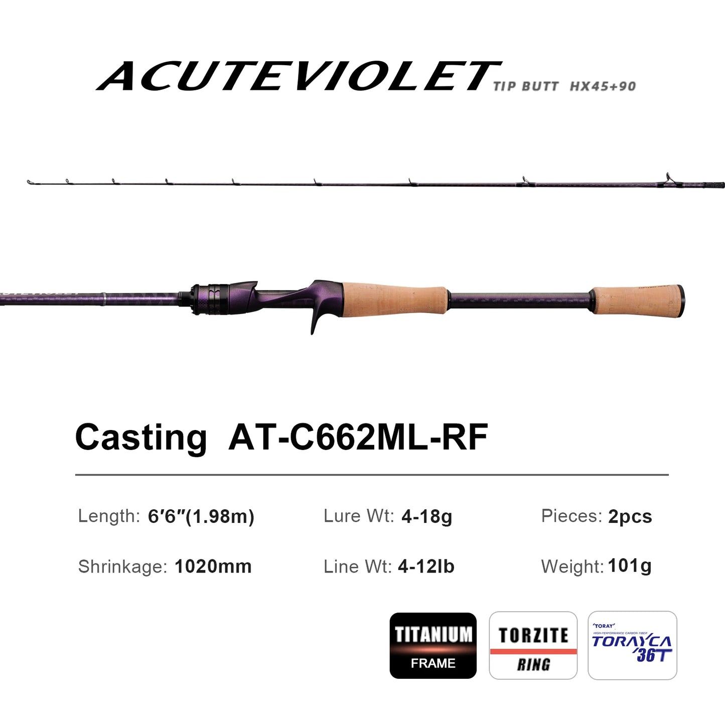 PureLure Acute Violet Bass Fishing Rod 2-Piece Fast Action