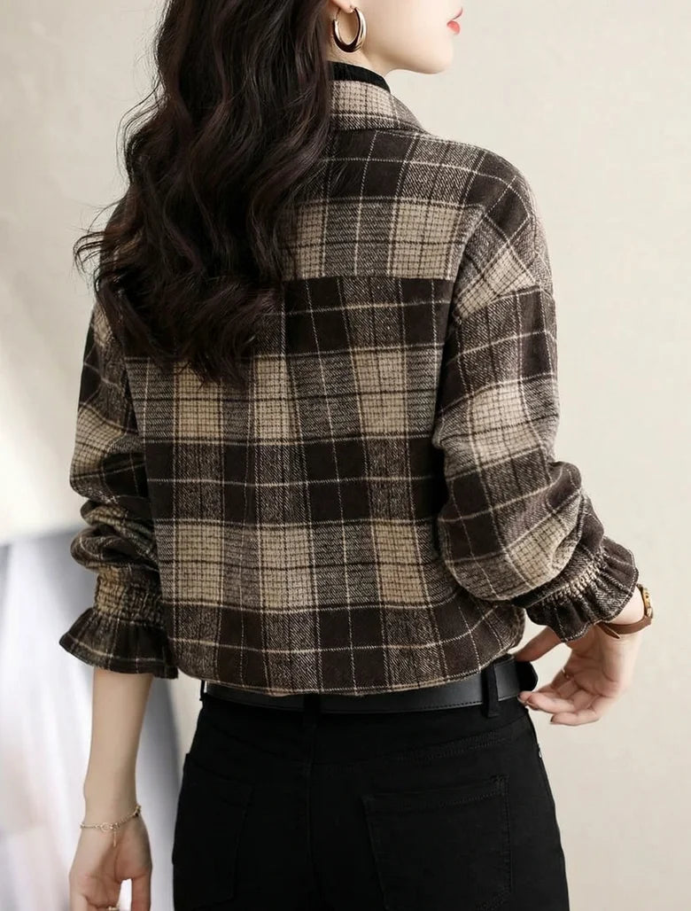 Women Plaid Polyester Lapel Button Front Loose Summer Blouse