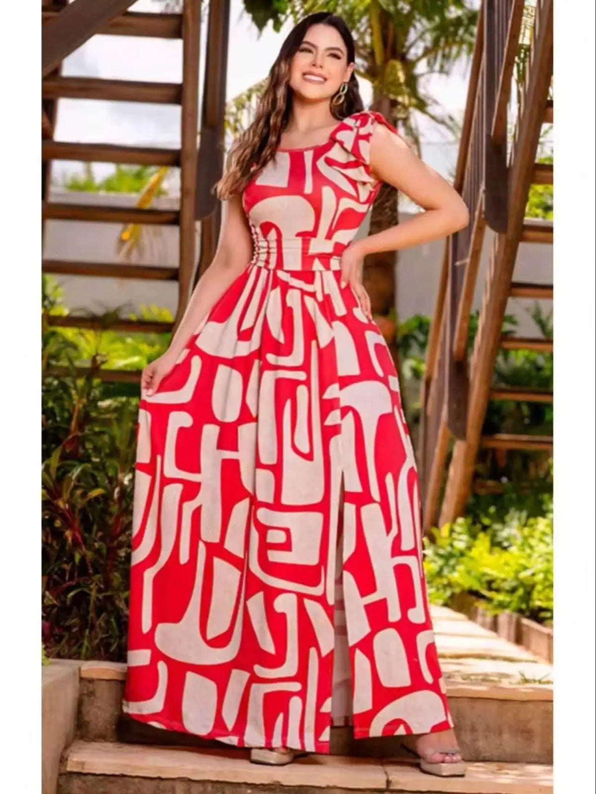 Elegant Polyester Geometric Print Sleeveless Maxi Dress With Bow Accent