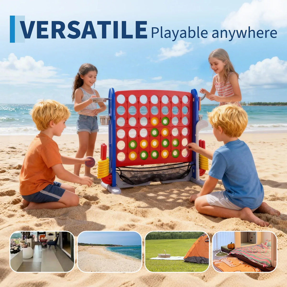 4-In-1 Giant Connect Adjustable Height Outdoor Basketball Hoop Ring Toss Family Game Set