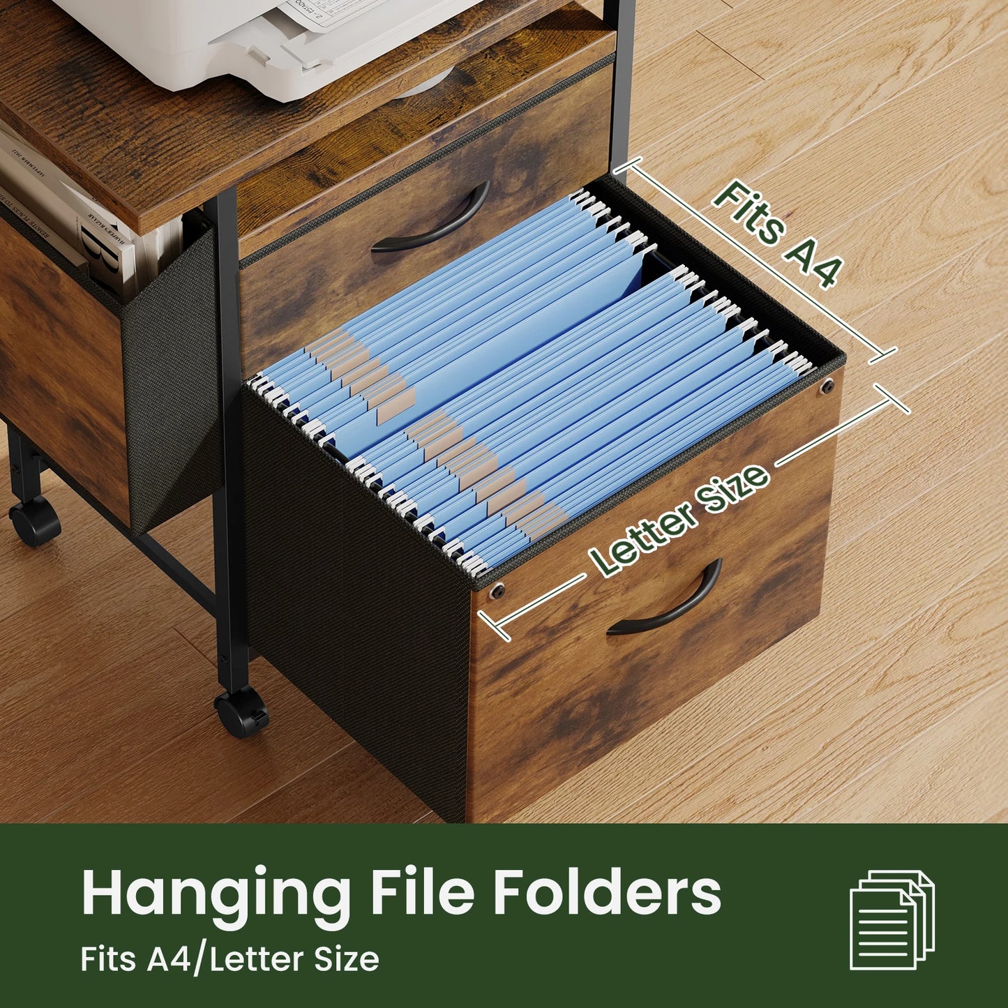 JHK Wheeled Mobile File Cabinet With 2 Fabric Drawers And Open Shelf