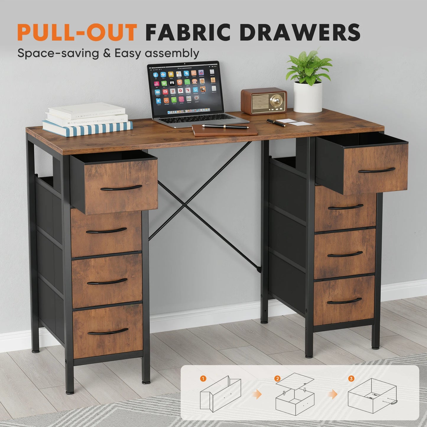 JHK Computer Desk With 8 Fabric Drawers And X Frame