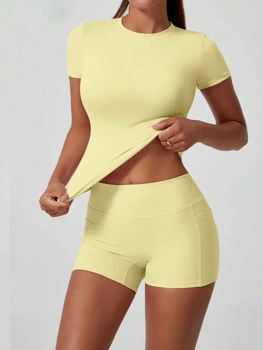 Womens Sports Short Sleeve High Waist Tummy Control Butt Lifting Shorts Set