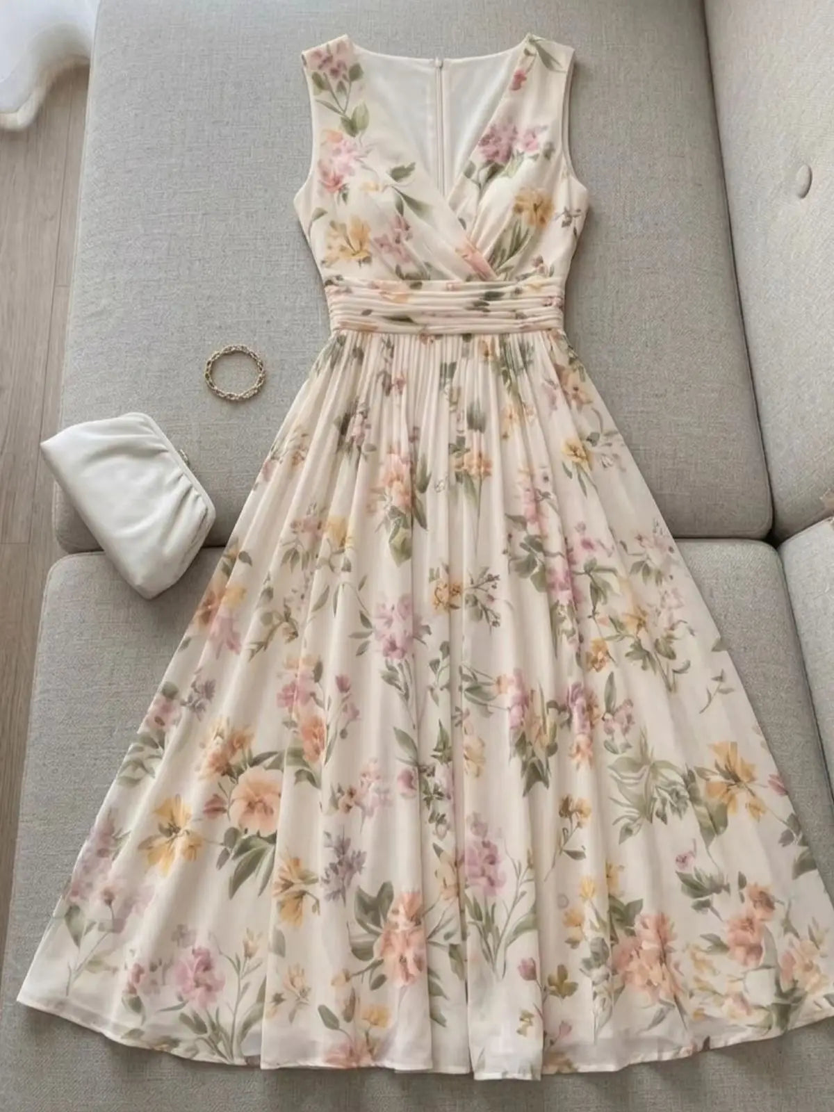 Women Floral Print Wrap Midi Dress V Neck Polyester Swing