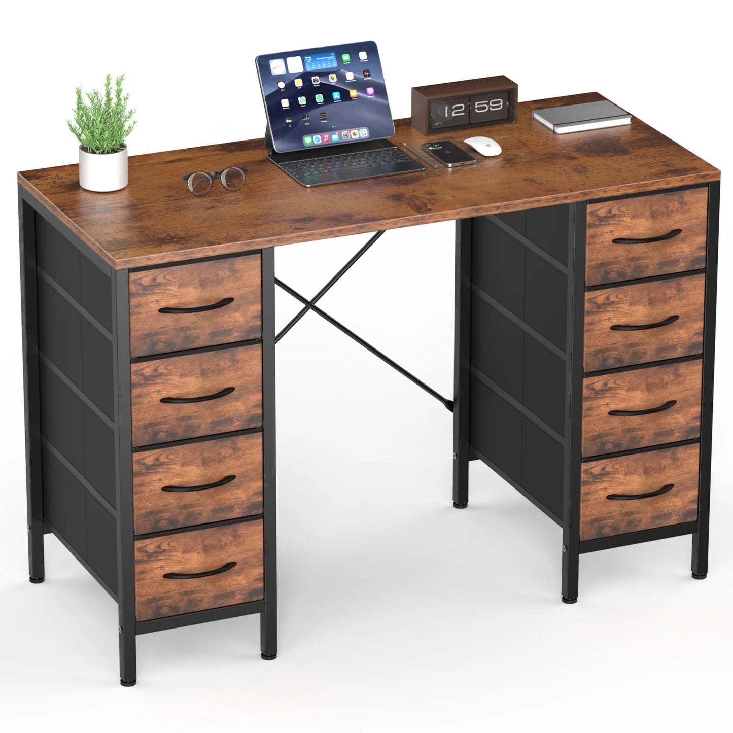 JHK Computer Desk With 8 Fabric Drawers And X Frame