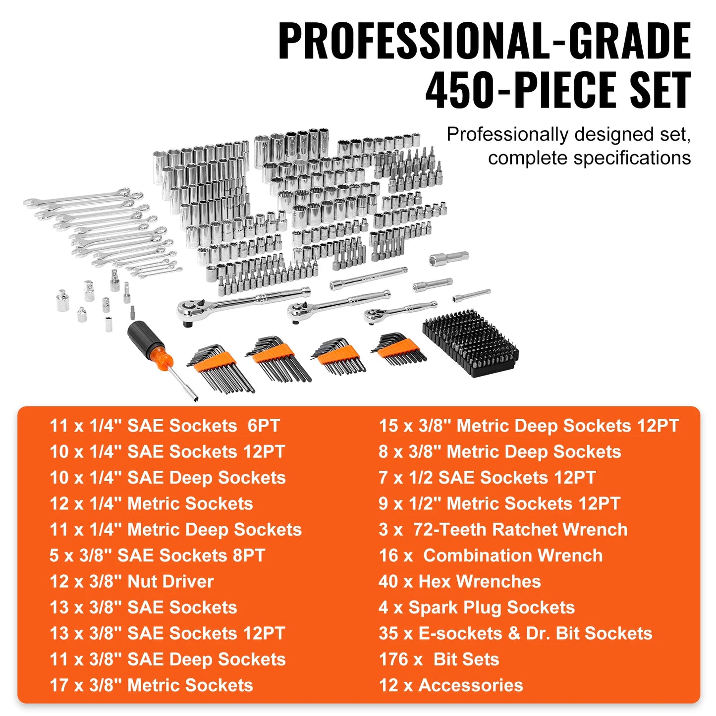 SucceBuy Mechanics Socket And Tool Kit 450 Pieces SAE Metric